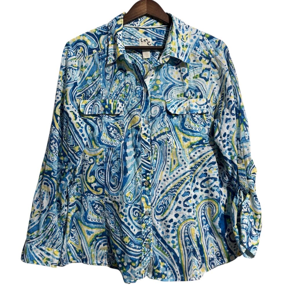 Chicos blue & yellow paisley light weight‎ button front cotton blouse Large